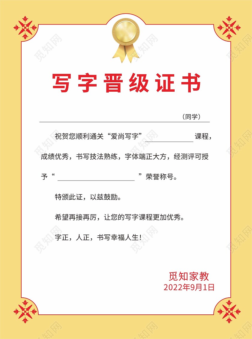 简约大气写字晋级证书宣传样式宣传证书证书模板