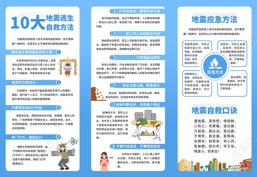 蓝色卡通自然灾害地震自救急救自然应急宣传手册三折页自然应急自然应急安全