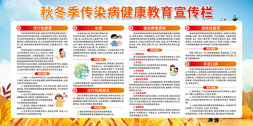 蓝色渐变卡通秋冬季传染病健康教育宣传栏秋季健康