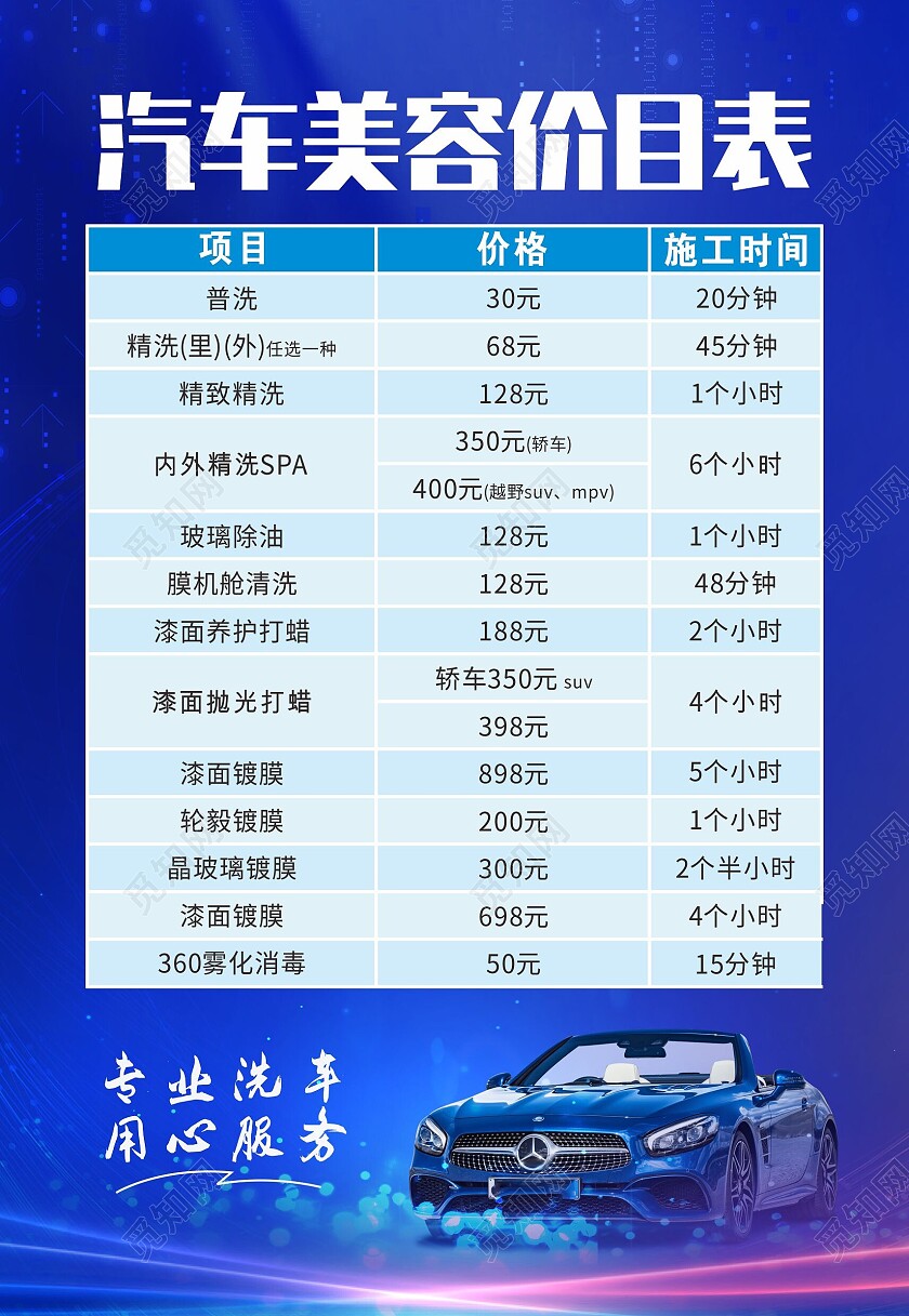 蓝色大气汽车美容价目表展架背景汽车海报