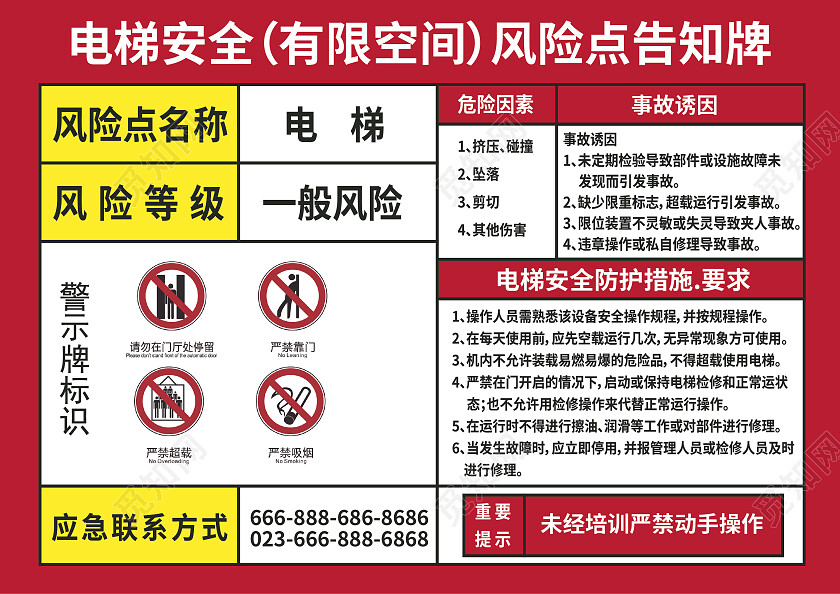 红色简约电梯安全警示牌手举牌安全生产展板