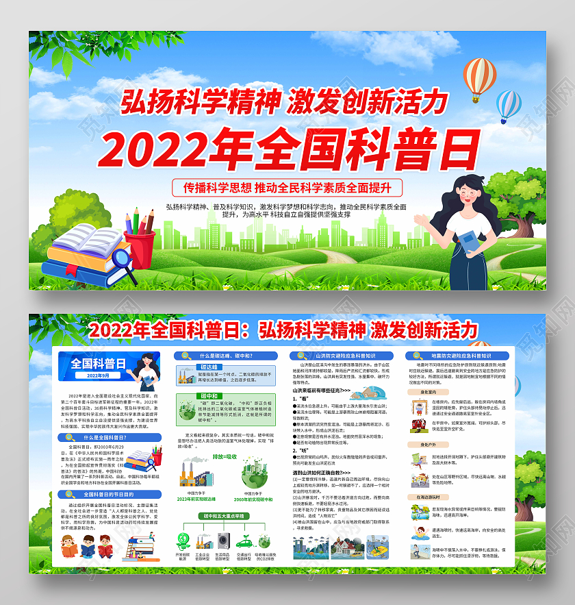 绿色清新简约卡通2022年全国科普日宣传栏