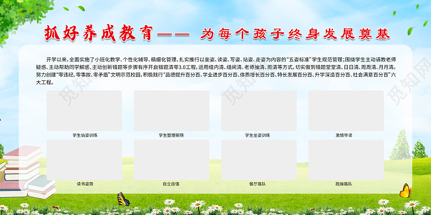 绿色简约抓好养成教育为每个孩子终身发展奠基学校展板