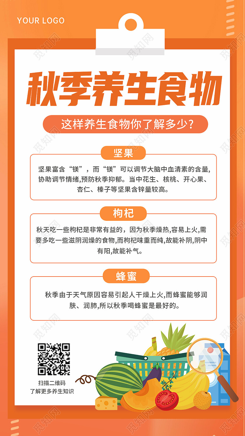 橙色背景秋季养生手机文案海报