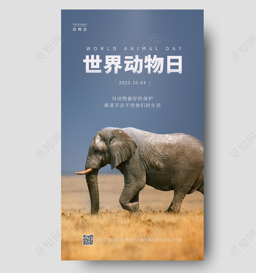 蓝灰色简约风世界动物日手机宣传海报