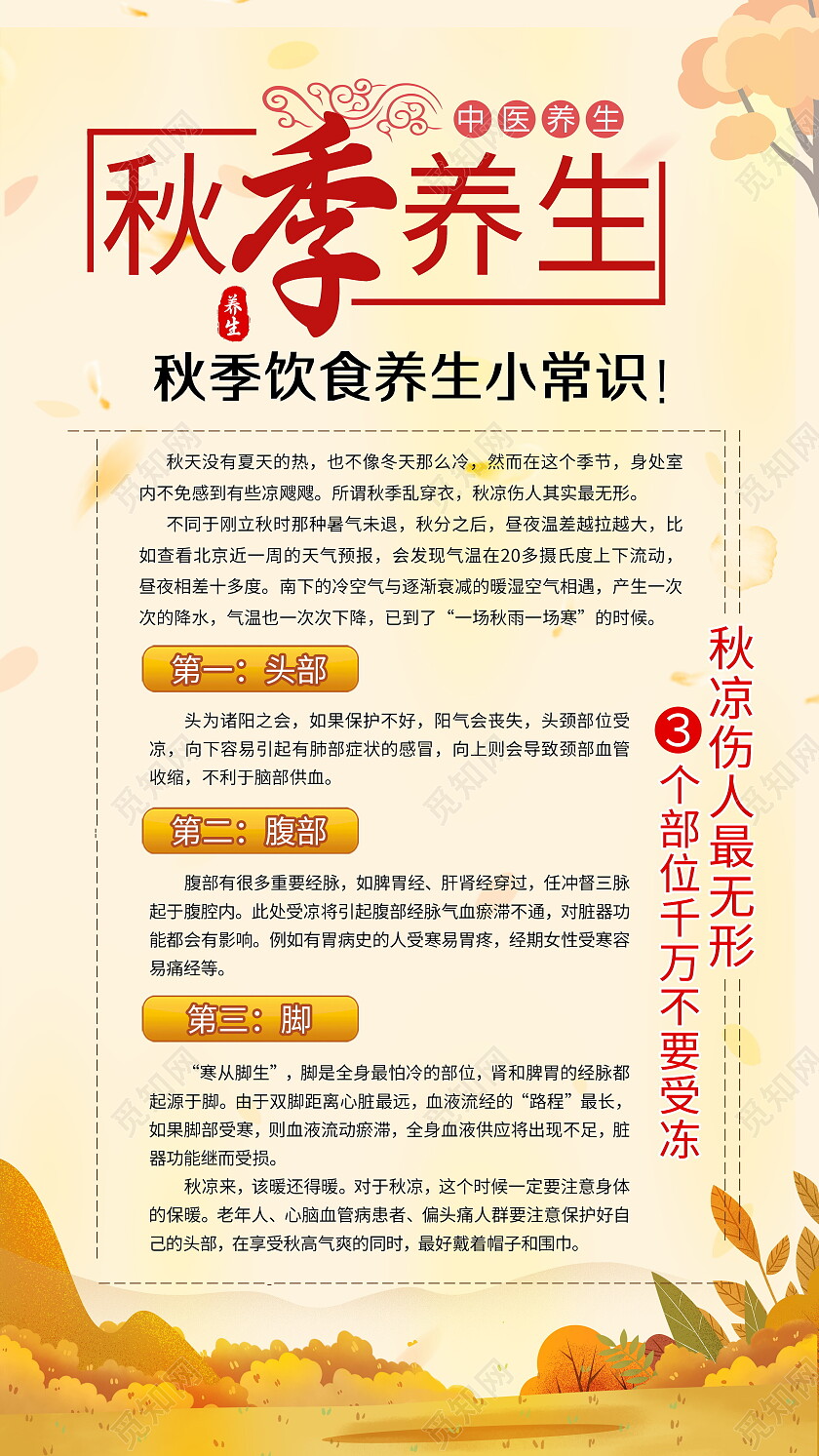 黄色简约手绘秋季养生知识科普宣传海报