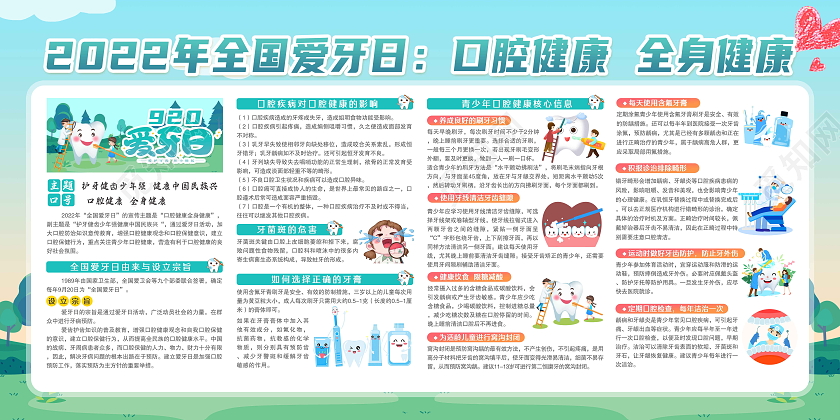 蓝色风格2022年全国爱牙日口腔健康全身健康宣传展板全国爱牙日宣传栏