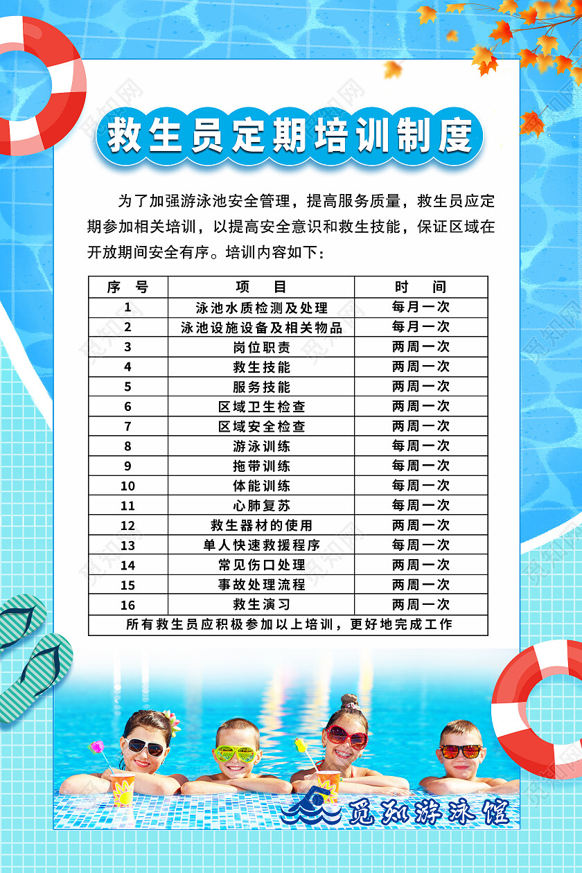 蓝色简约救生员定期培训制度培训海报