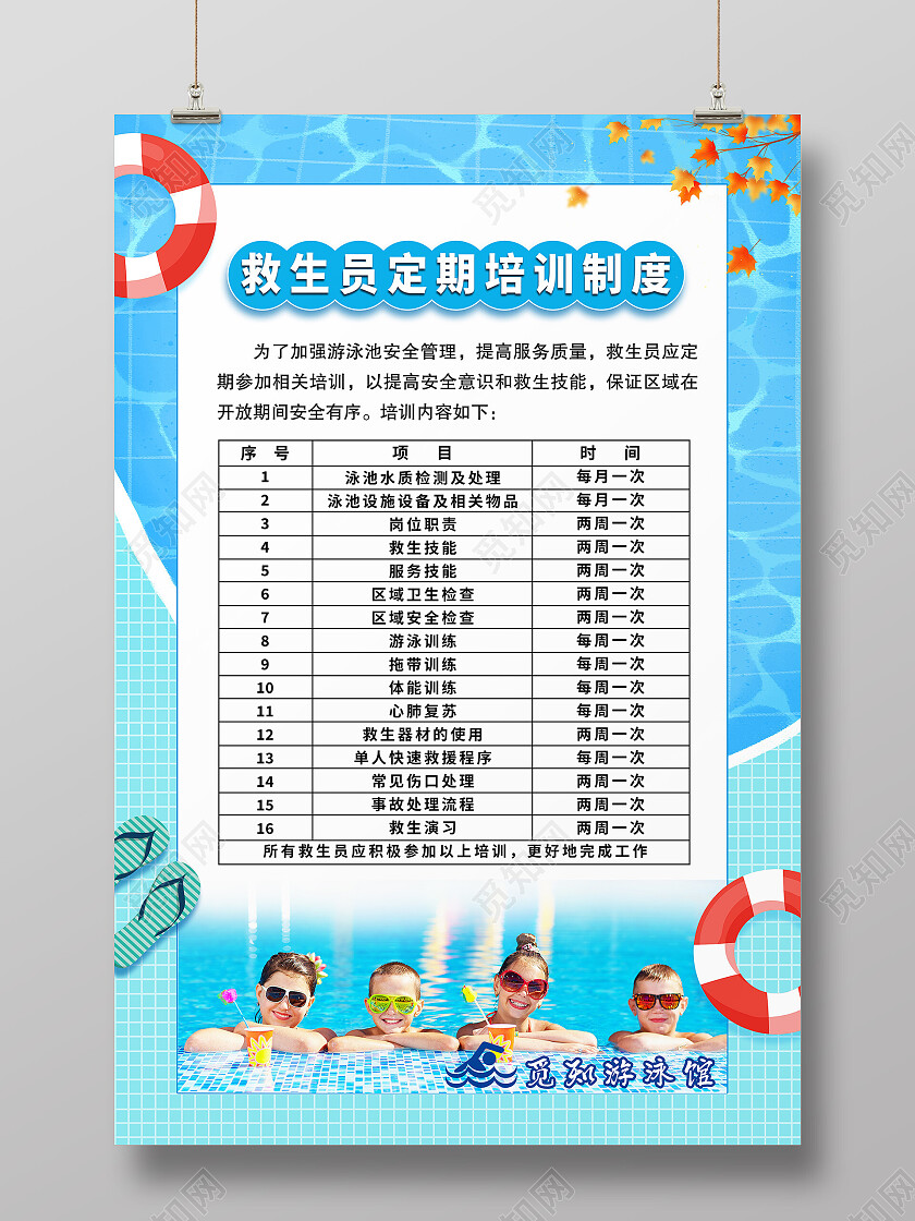 蓝色简约救生员定期培训制度培训海报