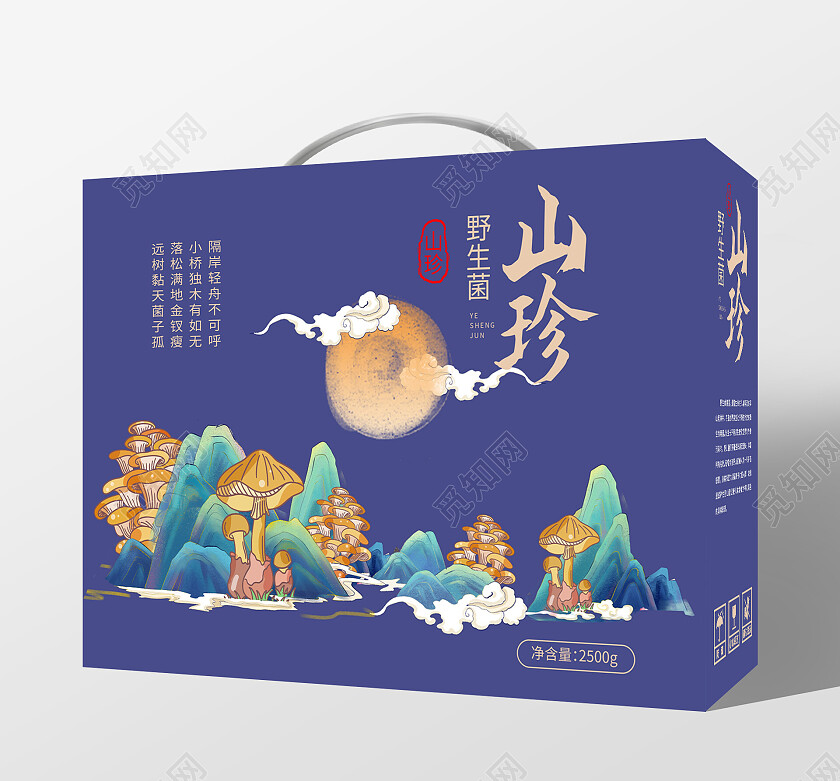 蓝色国潮手绘山珍野生菌礼盒包装盒野生菌包装盒
