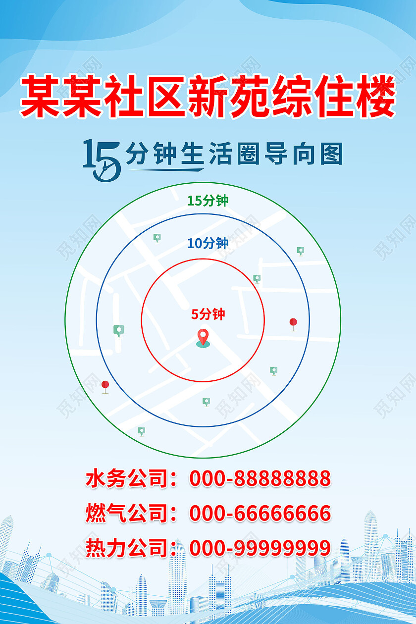 浅蓝色简洁创意社区15分钟生活圈海报设计