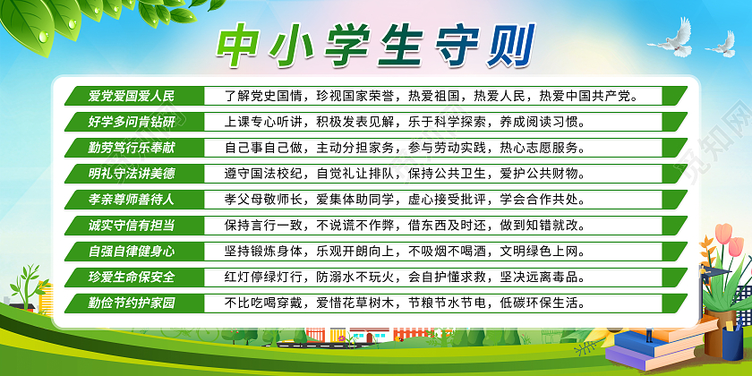 绿色卡通学校制度牌海报中小学生守则学校制度