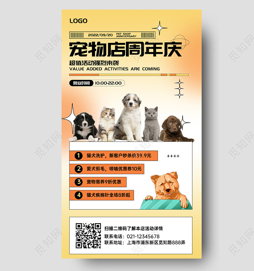 创意灵感宠物店周年庆手机文案海报