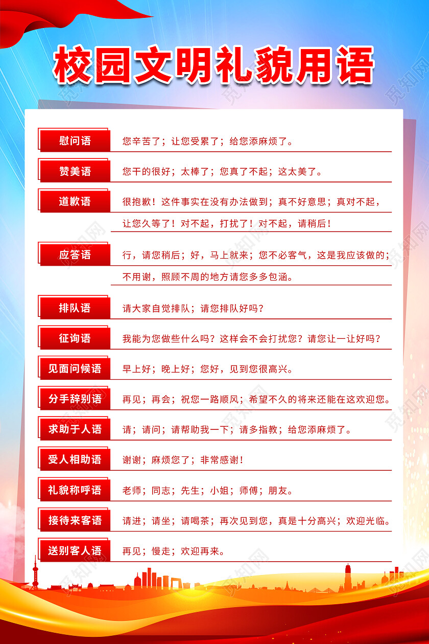红色党建风校园文明礼貌用语做文明人宣传海报文明礼貌用语海报