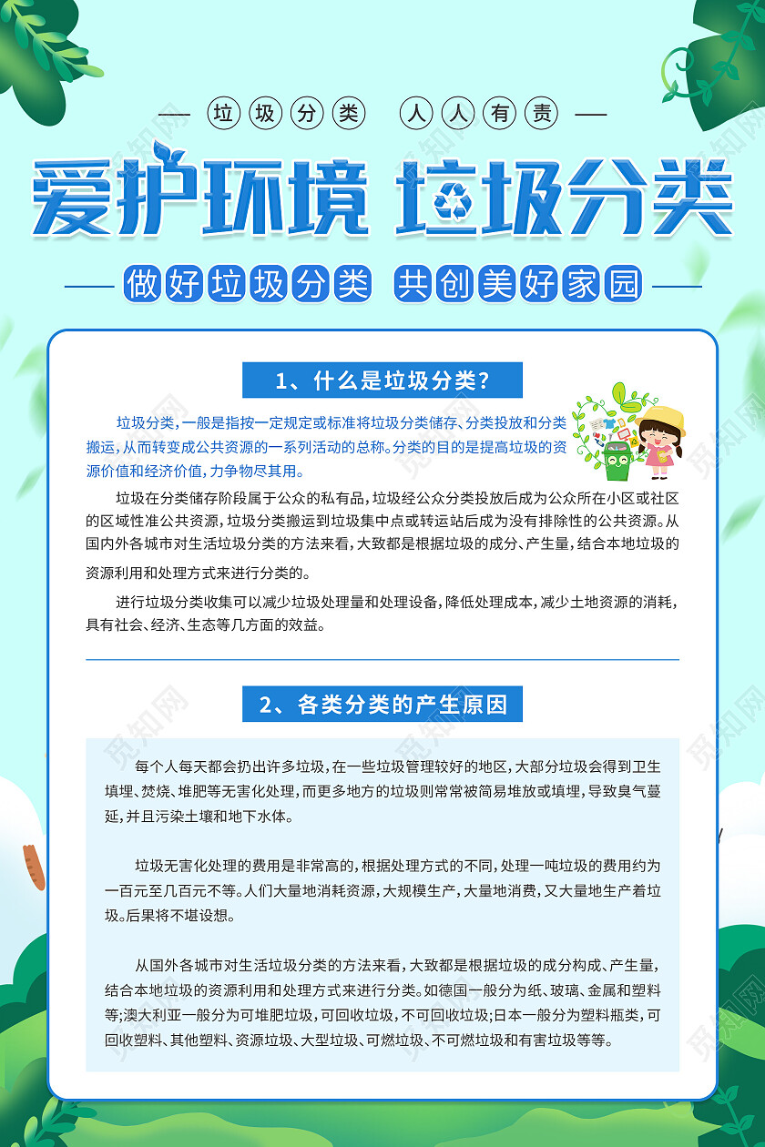 绿色草地卡通清新大气爱护环境垃圾分类套图海报