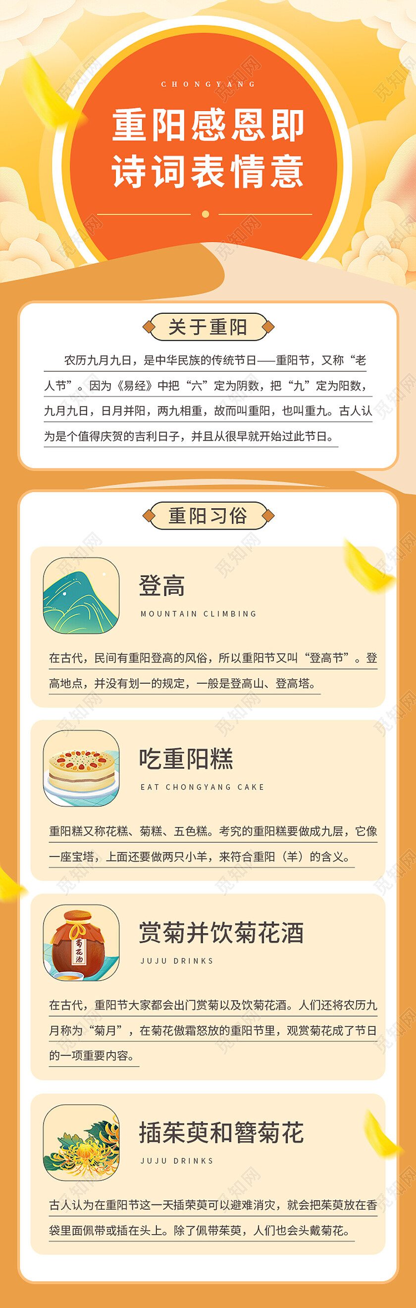 黄色简约重阳感恩即诗词表情意重阳节长图节日