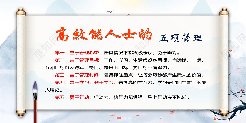白色简约中式高效能人士的五项管理展板宣传栏高效能人士宣传栏