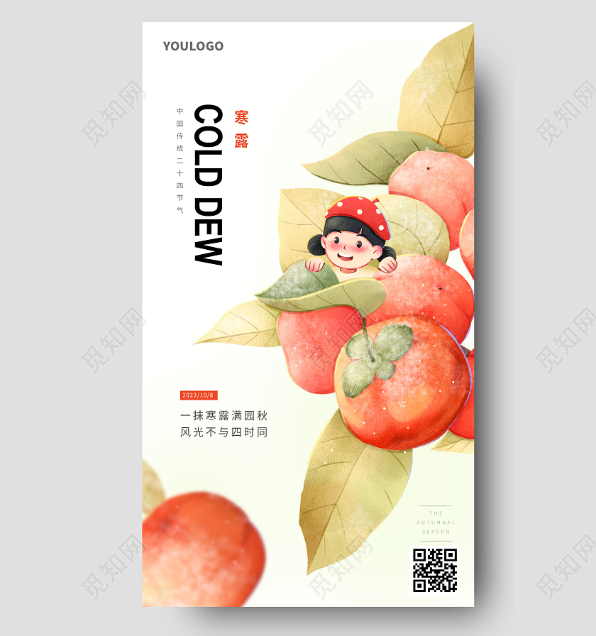 插画风柿子寒露节气海报二十四节气海报