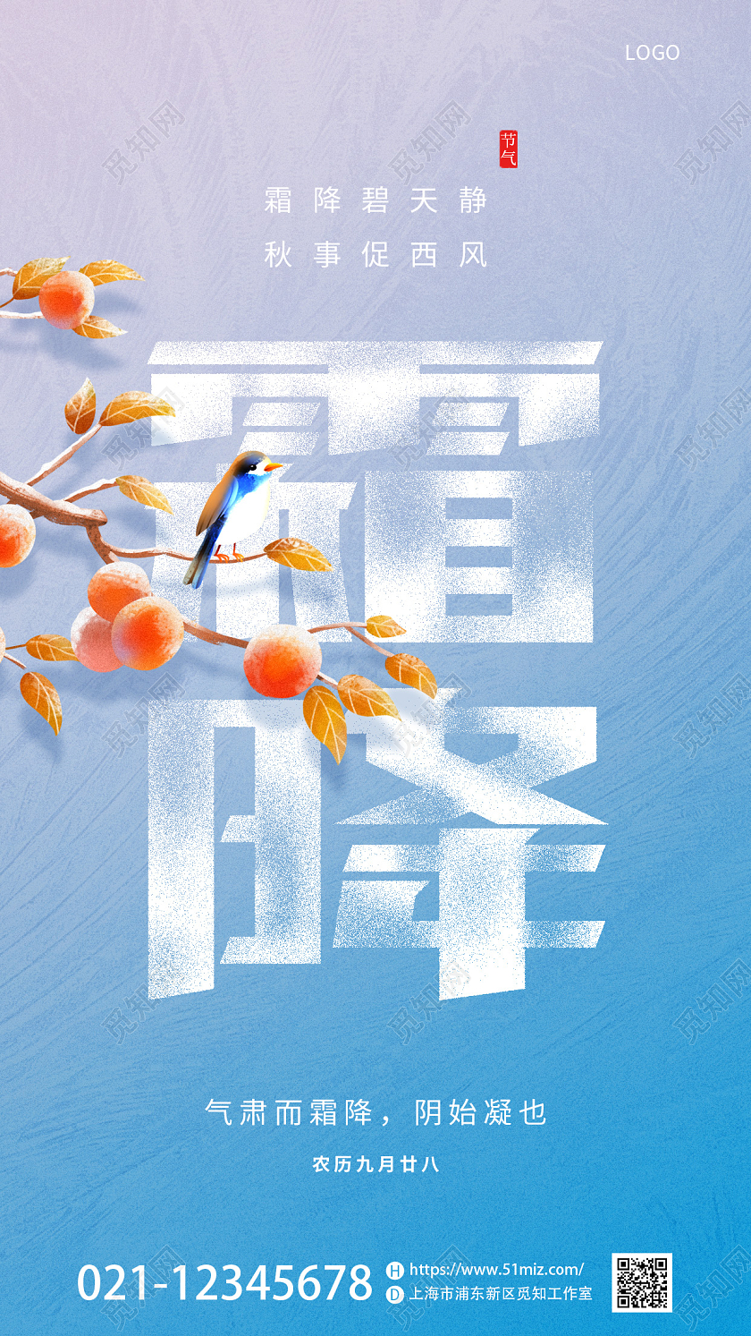 蓝色简约二十四节气霜降水滴柿子手机海报霜降海报