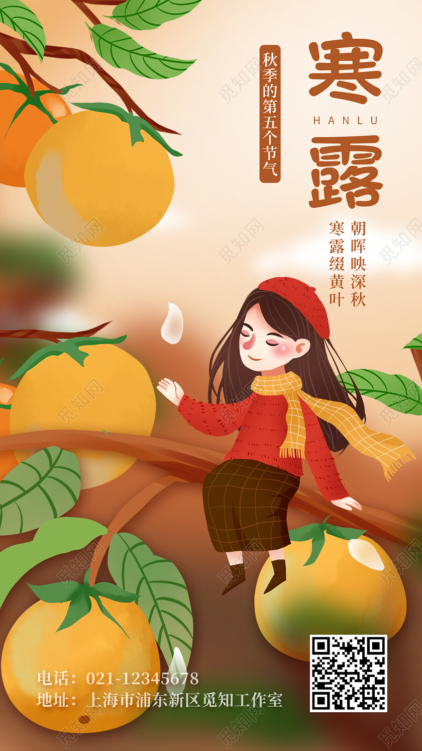 桔色插画寒露二十四节气宣传手机海报