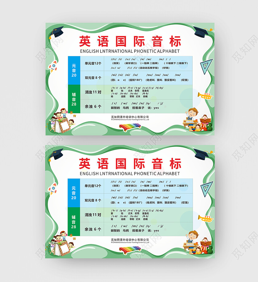 绿色卡通儿童英语音标符号卡片背景英语音标标识卡