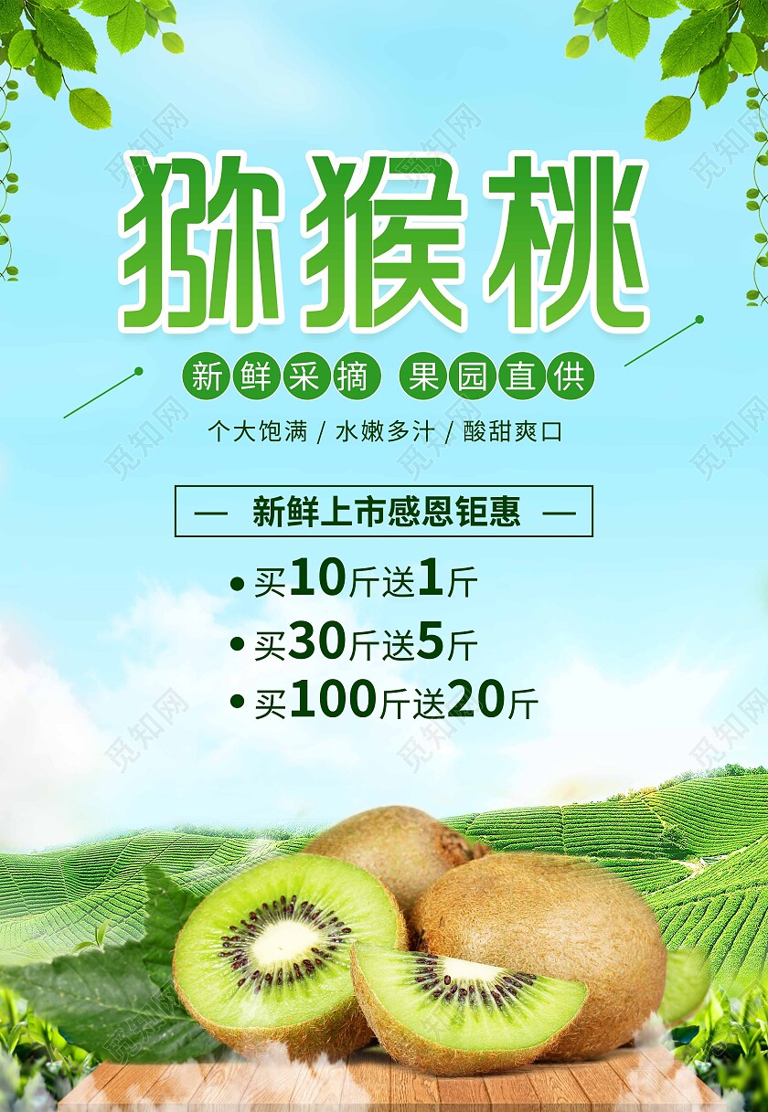 蓝色清新猕猴桃绿色天然有机水果海报背景猕猴桃海报