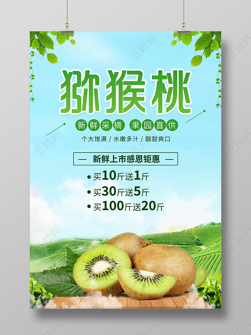 蓝色清新猕猴桃绿色天然有机水果海报背景猕猴桃海报