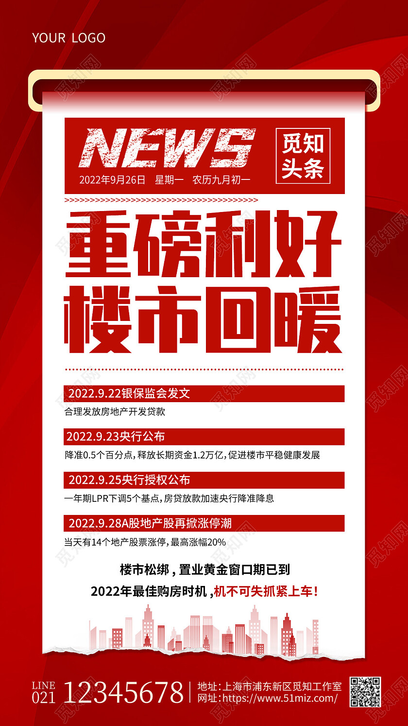 红色简约觅知头条新闻手机文案海报