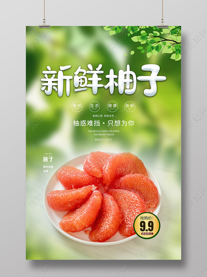 绿色简约新鲜柚子水果柚子海报