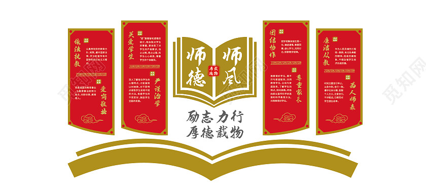 红黄色中式师德师风教育文化传承文化墙背景师德师风文化墙