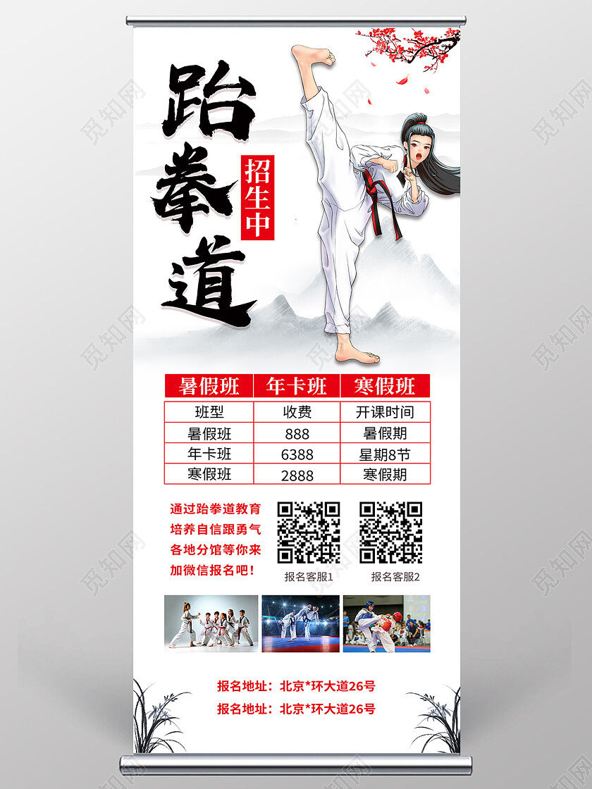 白色简约跆拳道招生跆拳道展架易拉宝