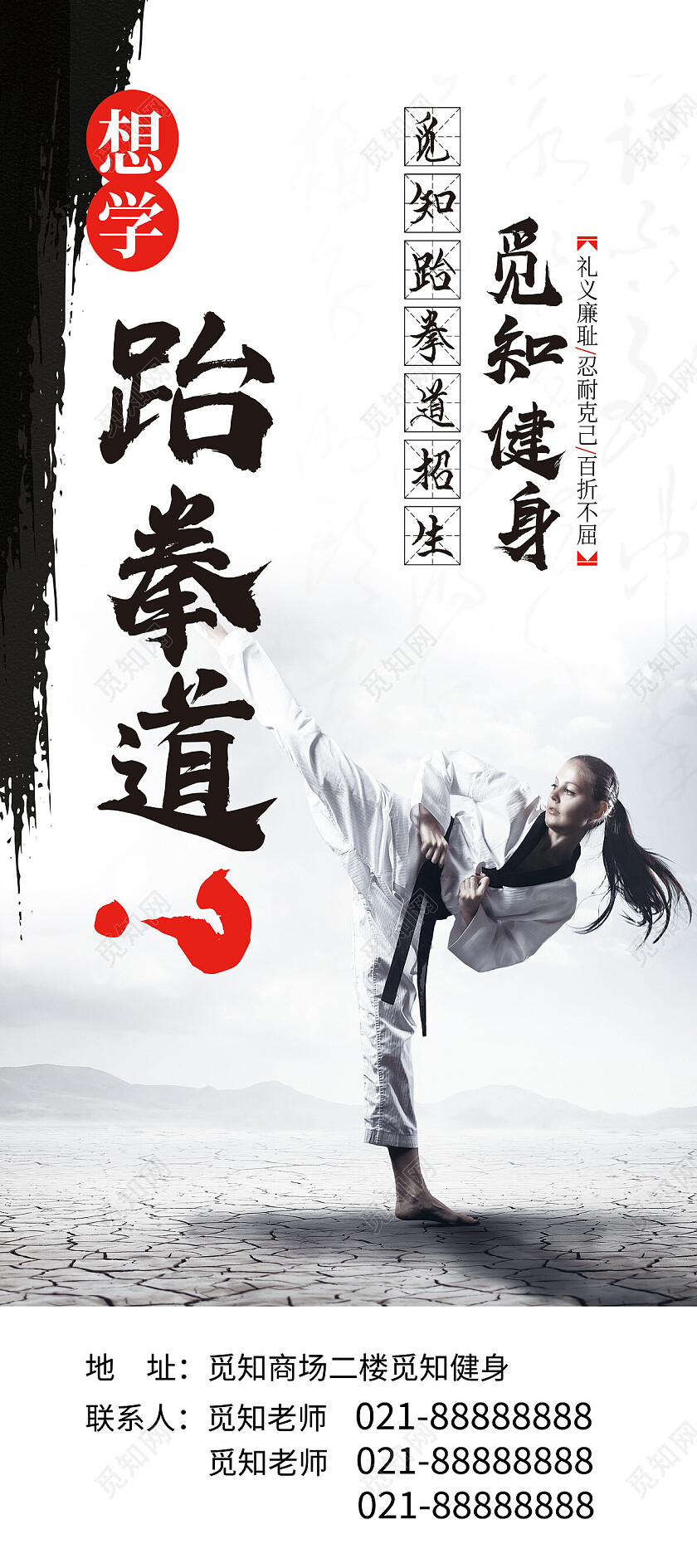 蓝色简约想学跆拳道招生跆拳道展架易拉宝