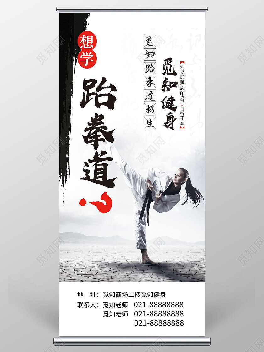 蓝色简约想学跆拳道招生跆拳道展架易拉宝