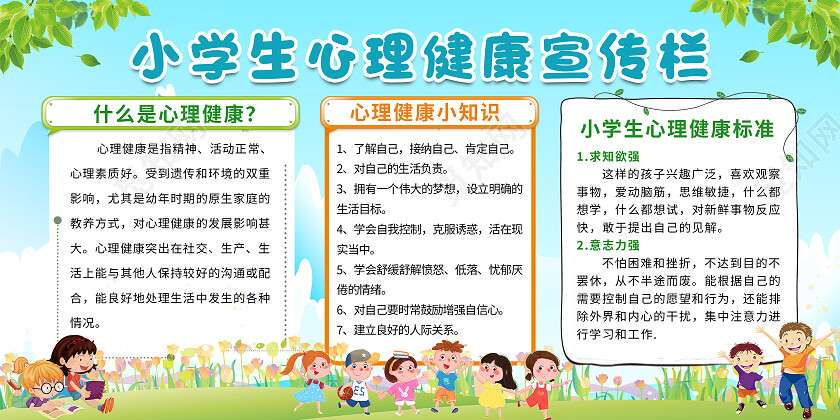 蓝色清新儿童卡通学生心理健康安全宣传栏心理宣传栏