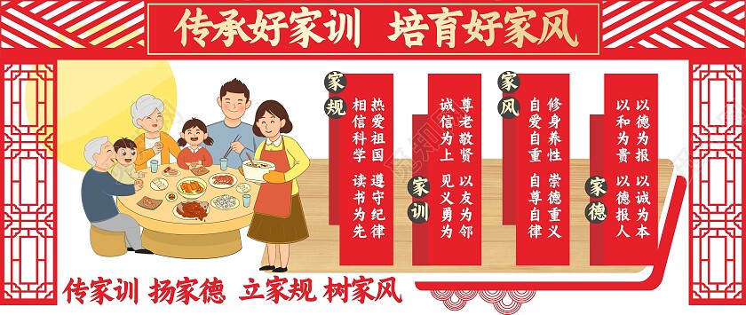 红色卡通传承好家风家风家训文化墙设计家风文化墙