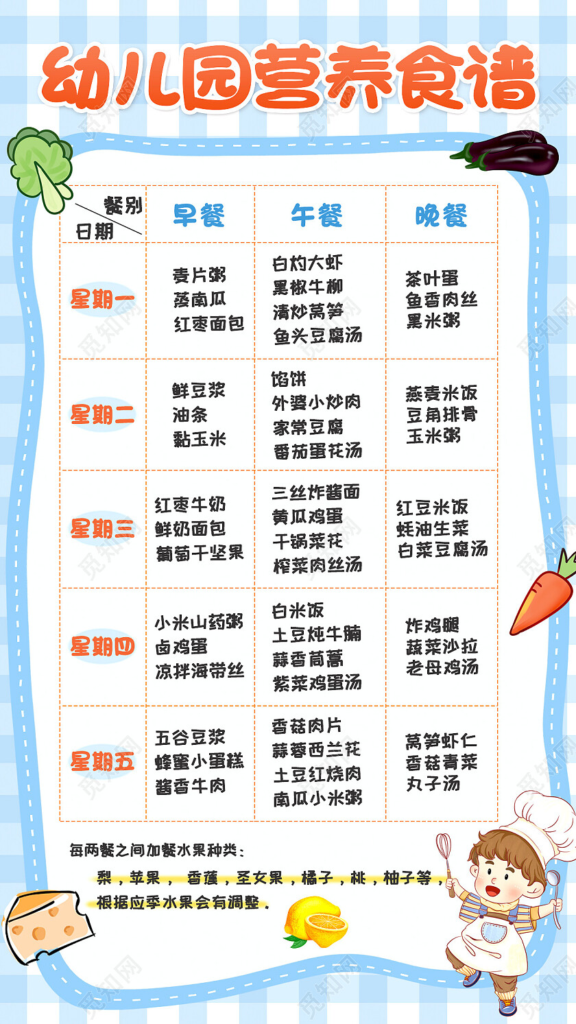 蓝色简约幼儿园食谱手机文案海报