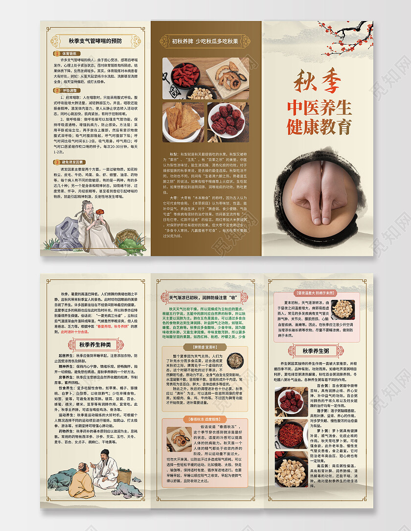 浅黄色背景中国风秋季中医养生宣传三折页设计中医折页