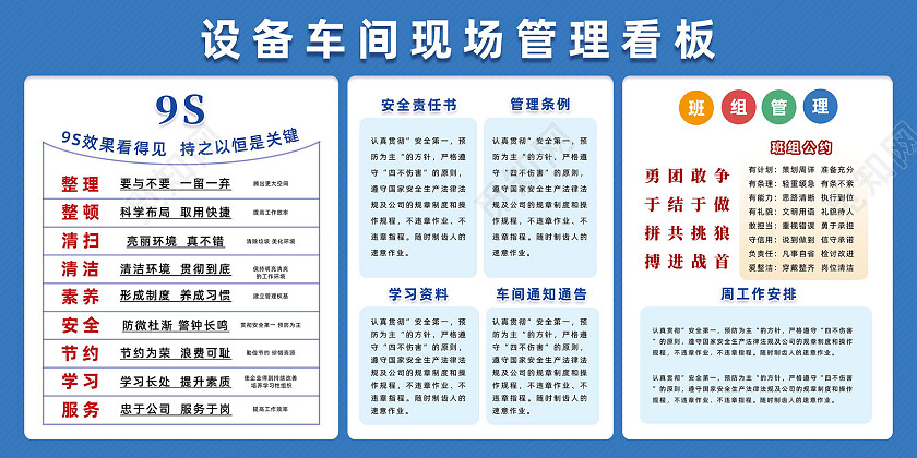 蓝色简约设备车间现场管理看板车间宣传栏