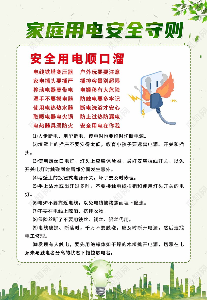绿色简约清新家庭用电安全注意事项温馨提示海报背景安全用电海报