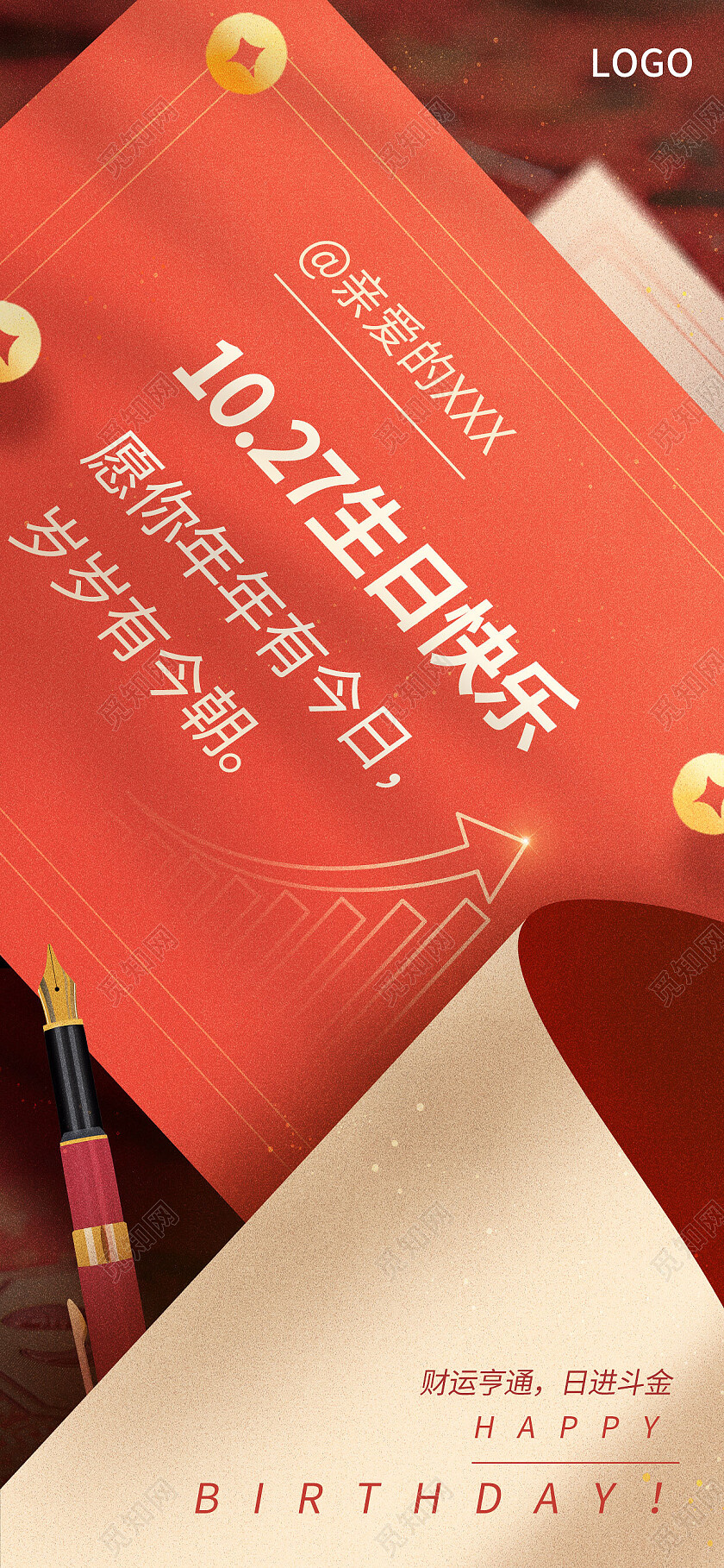 红色简约生日快乐邀请函生日手机宣传海报