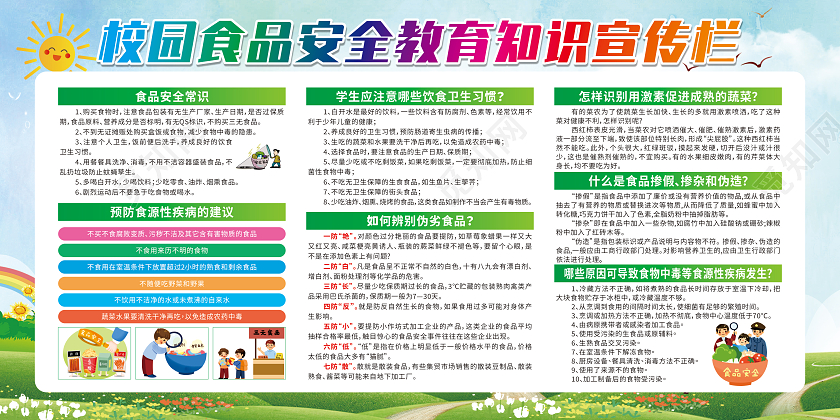 绿色卡通手牵手维护食品安全心连心构筑和谐校园宣传栏校园安全