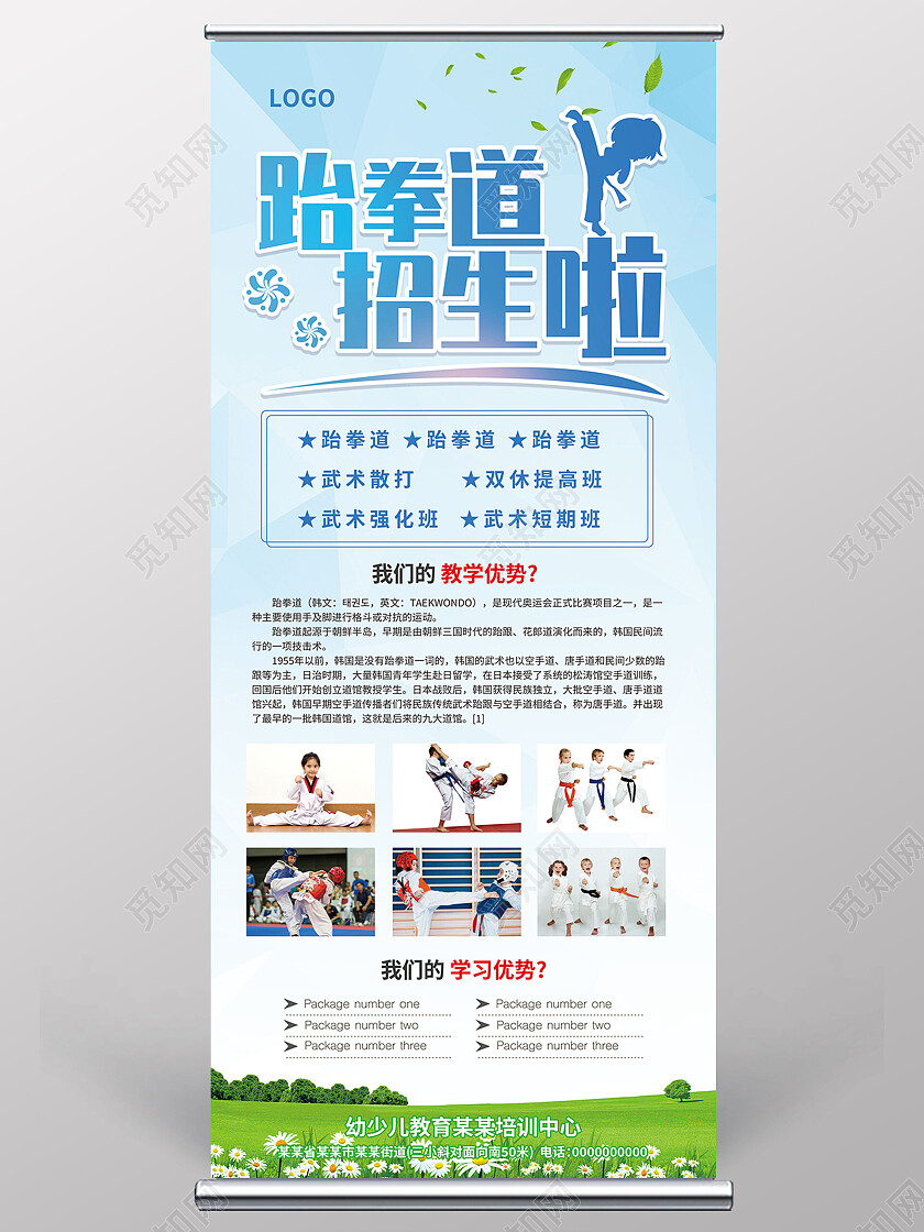 蓝色跆拳道招生促销活动展架易拉宝跆拳道展架