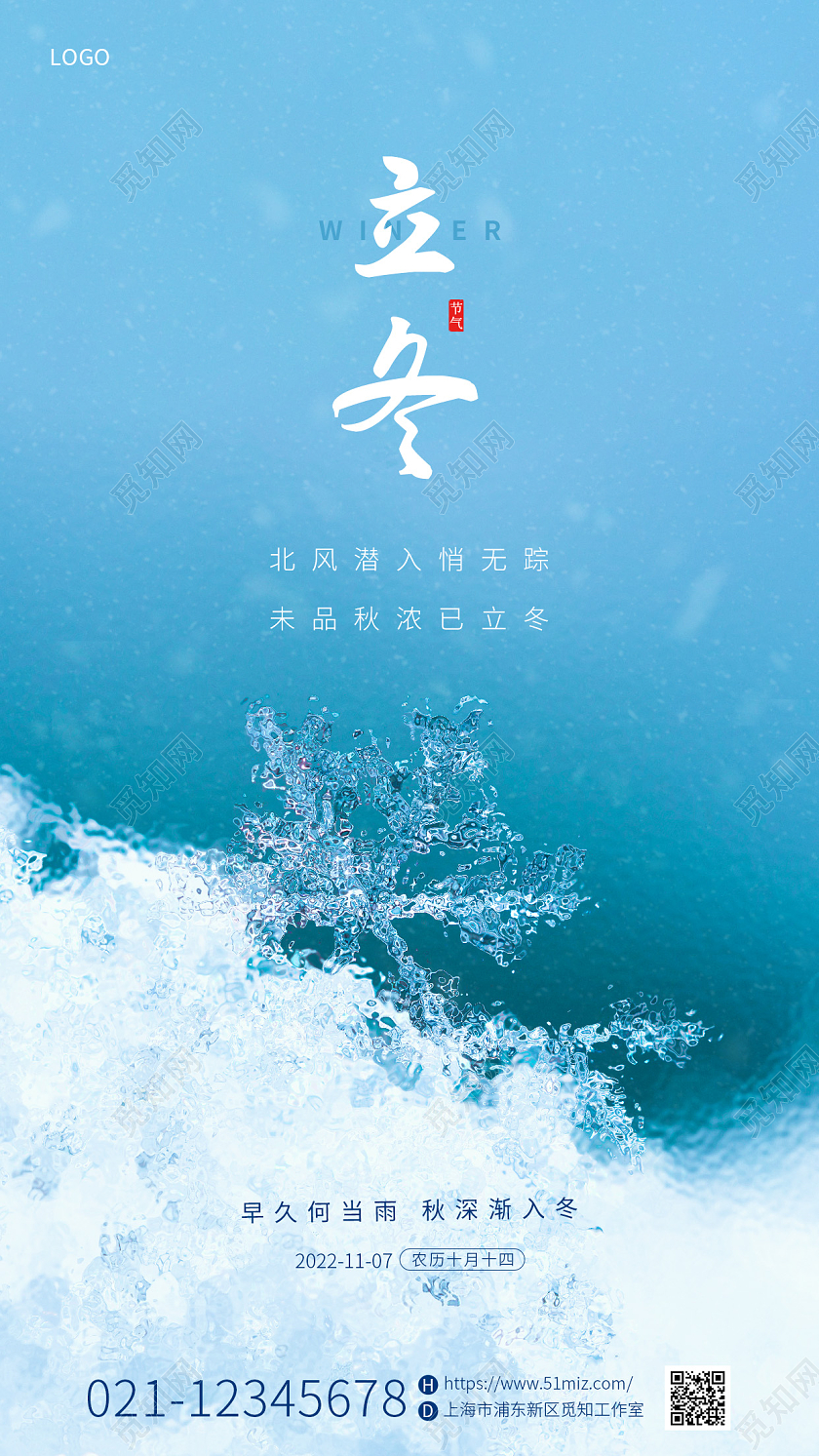 蓝色简约二十四节气中国风立冬雪花手机宣传海报