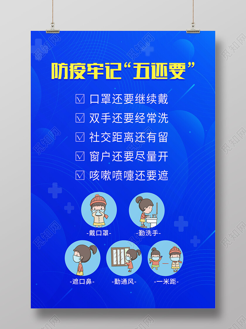 蓝色简约防疫牢记五还要防疫海报