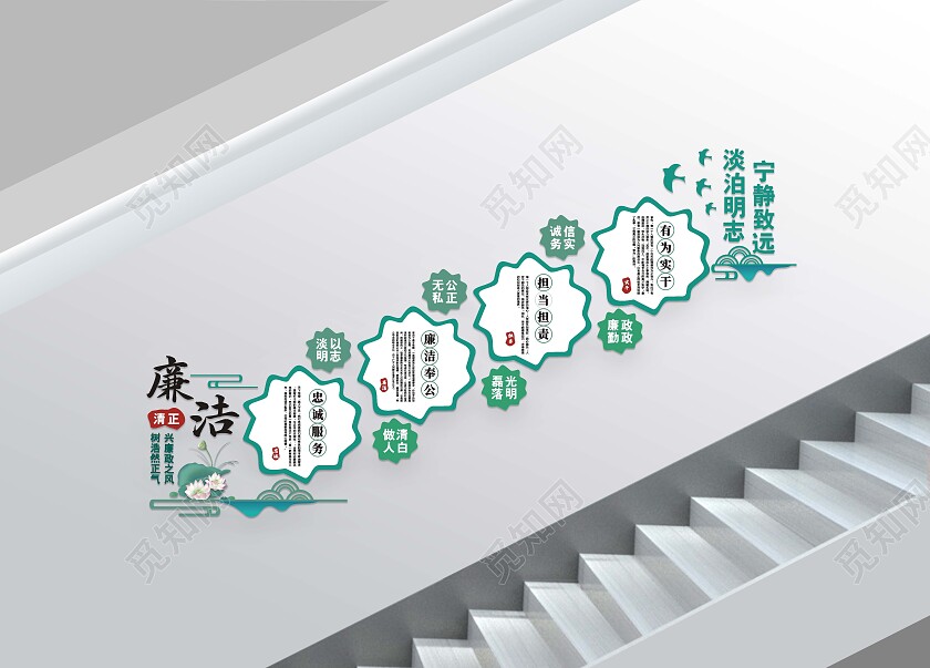 绿色简约廉洁请正文化墙廉政楼梯文化墙廉政文化墙