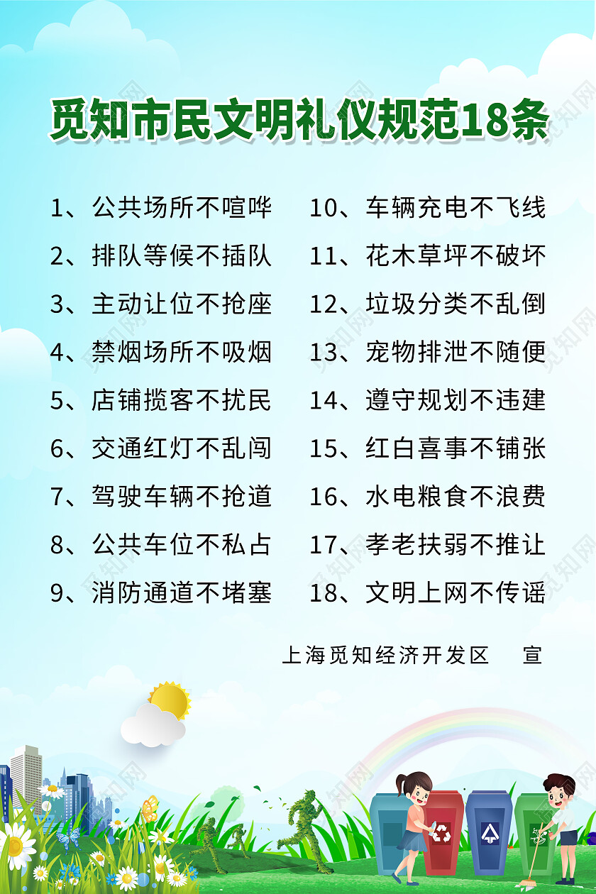 蓝色简约市民文明礼仪规范18条文明礼仪海报