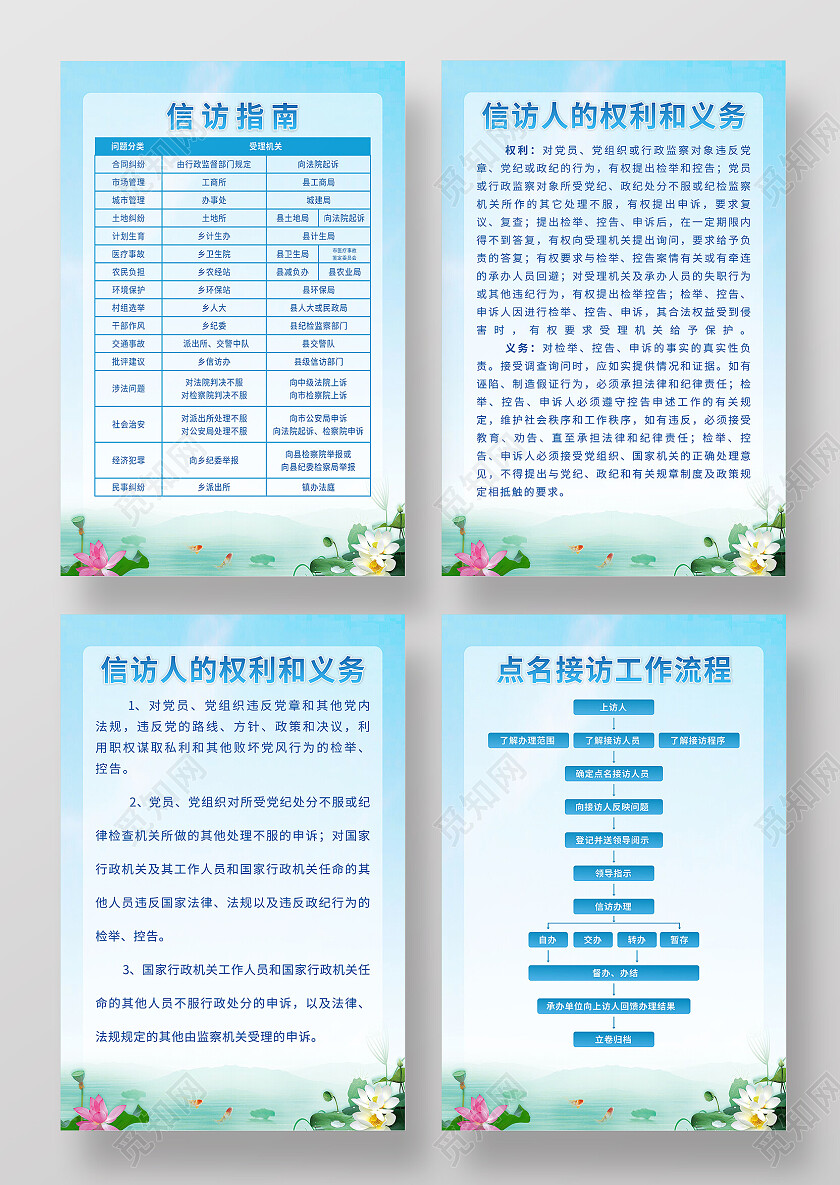 蓝色水墨荷花信访点名接访工作制度展版背景信访套图