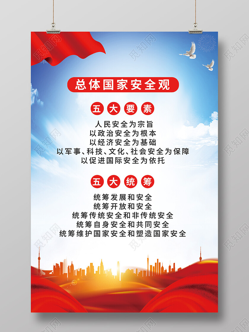 蓝天白云飘带城市背景全民国家安全教育日海报国家安全海报