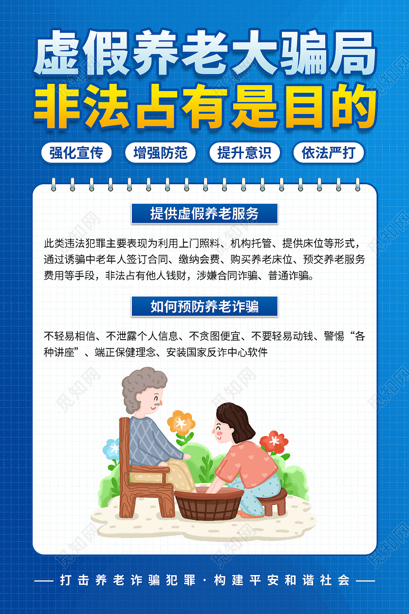 蓝色简约大气以房养老是骗局不可盲目抵房产养老诈骗套图海报
