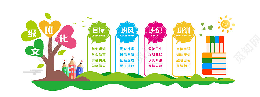 彩色简约班风班纪班训班级文化墙